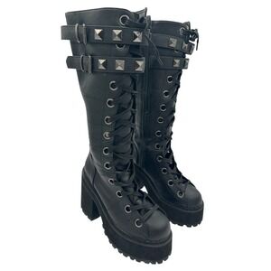New Demonia Black‎ Vegan Leather Studded Platform Knee High Boots Women's 9M